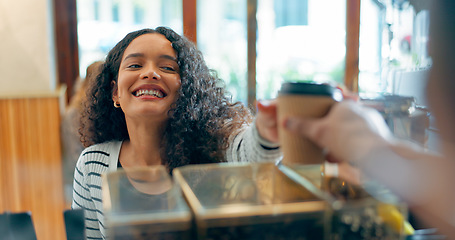 Image showing Happy woman, barista or customer order at cafe for service, payment or tea cup on counter at coffee shop. Serving, waitress pov or employee in small business restaurant helping a client at checkout