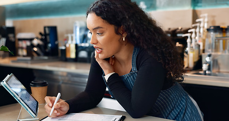 Image showing Business owner, phone call or writing for cafe order, restaurant logistics or food management. Supply chain checklist, notebook or woman in mobile communication for stock inventory in coffee shop