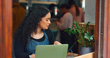 Image showing Tablet, small business or laptop in coffee shop for work schedule, stock or inventory check. Management, woman or manager with technology for website, email or online app system in cafe or restaurant