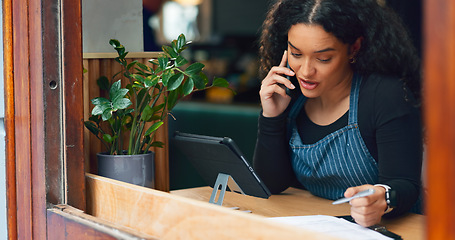 Image showing Document, woman talking or phone call for cafe order, restaurant logistics or supply chain. Tablet, barista or manager speaking of price checklist in communication for stock inventory in coffee shop