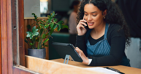 Image showing Phone call, coffee shop or woman on tablet for small business logistics, social media update. Manager, talking or barista reading sale price on technology app for an order in cafe startup or website
