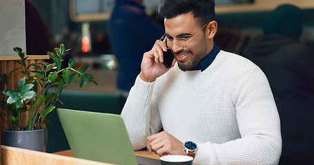 Image showing Man, phone call and laptop at cafe for remote work, communication and planning or talking of website design. Freelancer on mobile, voip chat and computer for internet at coffee shop or restaurant