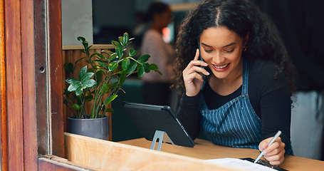 Image showing Phone call, restaurant or happy woman on tablet for small business logistics or social media update. Manager, coffee shop or barista reading price list on technology for an order in cafe or website