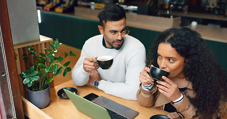 Image showing Coworkers, laptop and remote work with coffee, working and technology for business, strategy and planning. Cafe, meeting and brainstorming for project, woman and man in partnership, listening and job