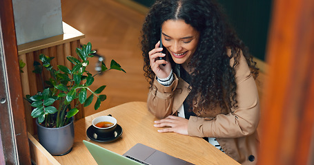 Image showing Woman, phone call and remote work in cafe with smile for communication, networking and research with laptop. Journalist girl, computer and smartphone for contact, coffee shop and happy for story