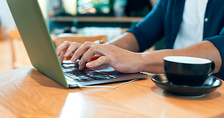 Image showing Hands typing, computer and coffee shop for remote work, online research and planning for marketing project. Person, customer or freelancer at cafe or restaurant with internet, laptop and copywriting