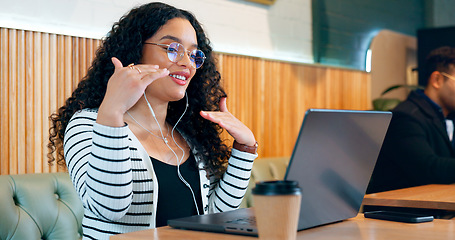 Image showing Woman, computer and video call in cafe for remote work, online meeting and planning or networking for job opportunity. Freelancer talking on laptop for virtual discussion at restaurant or coffee shop