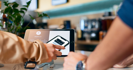 Image showing Hands, phone and pos in restaurant, payment and fintech app with digital credit card, deal and services in store. People, smartphone and machine for point of sale, banking and tablet in coffee shop