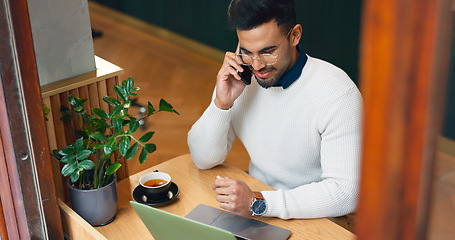 Image showing Man, phone call and computer at cafe for remote work, communication and planning or talking of website design. Freelancer on mobile, chat and laptop for internet at coffee shop or restaurant above