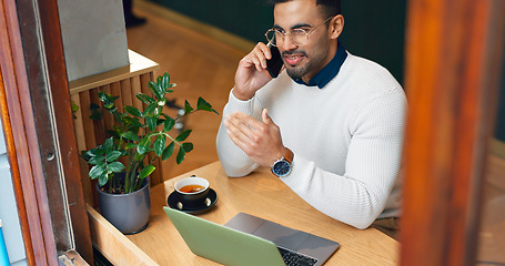 Image showing Man, phone call and remote work in cafe with smile for communication, networking and research with laptop. Journalist person, computer and smartphone for contact, coffee shop or negotiation for story