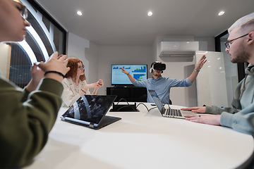 Image showing A diverse group of businessmen collaborates and tests a new virtual reality technology, wearing virtual glasses, showcasing innovation and creativity in their futuristic workspace