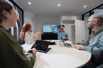 Image showing A diverse group of businessmen collaborates and tests a new virtual reality technology, wearing virtual glasses, showcasing innovation and creativity in their futuristic workspace