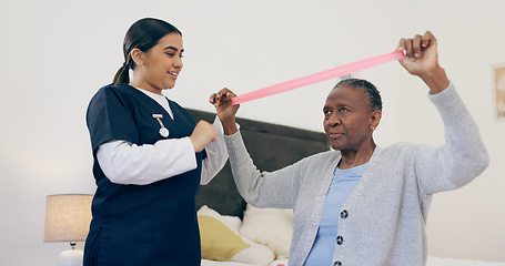 Image showing Senior woman, caregiver and band for exercise in house, physiotherapy help or wellness workout support. Nurse, elderly patient or healthcare in retirement, trust or physical therapy for health body