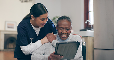 Image showing Tablet, discussion and nurse with patient for research on medical diagnosis in nursing home. Consultation, digital technology and female caregiver talk to senior black woman in rehabilitation clinic.