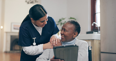 Image showing Tablet, consultation and nurse with patient for research on medical diagnosis in nursing home. Discussion, digital technology and female caregiver talk to senior black woman in rehabilitation clinic.