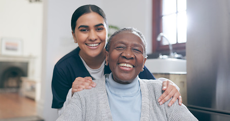 Image showing Smile, healthcare and portrait of nurse with patient in a wheelchair for discussion at nursing home. Medical career, happy and young female caregiver with senior black woman with disability in house.