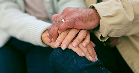 Image showing Love, closeup and senior couple holding hands in conversation together for bonding at home. Comfort, empathy and elderly man and woman in retirement with compassion and romance at modern house.