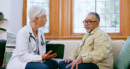 Image showing Senior man, doctor and tablet for consultation, discussion and checkup in nursing home. Elderly person, medical professional and diagnosis or advice, exam and results for healthcare in retirement
