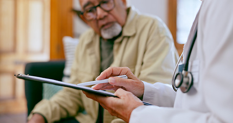 Image showing Senior man, doctor and clipboard for healthcare, discussion and checkup in nursing home. Elderly person, medical professional and diagnosis or advice, exam and results for consultation in retirement