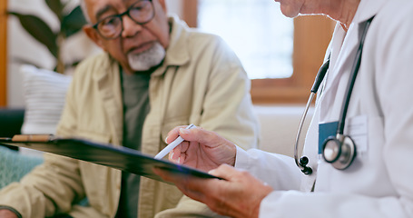 Image showing Senior man, doctor and clipboard for discussion, healthcare and checkup in nursing home. Elderly person, medical professional and diagnosis or advice, exam and results for consultation in retirement