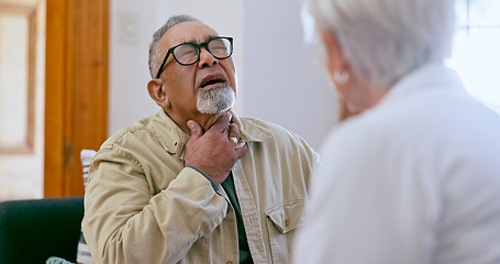 Image showing Senior man, doctor and sore throat with pain, consultation and checkup in nursing home. Elderly person, medical professional and thyroid problem or sick, exam and trust for healthcare in retirement