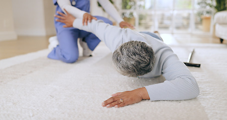 Image showing Fall, accident and senior patient with nurse health in a hospital with injury and caregiver support. Elderly care, emergency and floor with a person in pain with healthcare professional assistance