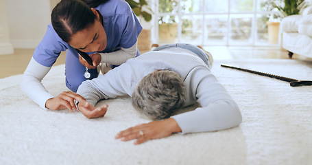 Image showing Fall, accident and senior patient with nurse and checking in a hospital with injury and caregiver support. Elderly care, emergency and floor with person in pain with healthcare professional help