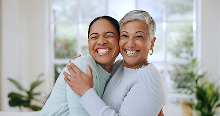 Image showing Hug, love and portrait of mother and daughter in home for bonding, relationship and smile together. Family, happy and mature mom embrace adult woman for mothers day, support and care in living room