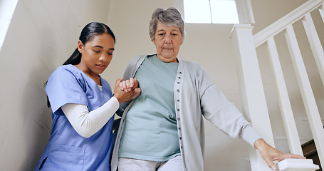 Image showing Senior woman, nurse and help on stairs, retirement home and caregiver for support, trust and nursing. Careful, empathy and elderly for healthcare, injury and disability for patient, respect and job