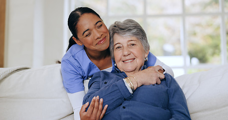 Image showing Senior woman, nurse and hug on sofa, retirement home and caregiver for support, smiling and love. Friendly, empathy and elderly for healthcare, wellness and worker for patient, respect and nursing