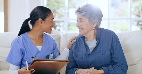 Image showing Sofa, consulting and nurse with senior woman in home for medical care, support and service. Healthcare, retirement and caregiver with elderly patient documents for insurance, diagnosis and report