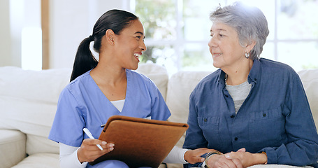 Image showing Writing, home and nurse with senior woman on sofa for medical care, support and service. Healthcare, retirement and caregiver with elderly patient documents for insurance, consultation and report