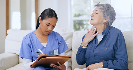 Image showing Nurse, writing and elderly woman with neck pain, throat cancer and sick from medical infection, virus or thyroid. Home service, problem and caregiver with medical survey notes, assessment or report