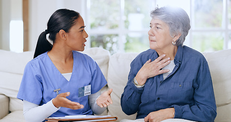 Image showing Throat, consulting and nurse with senior woman on sofa for medical care, support and service. Healthcare, retirement home and caregiver with elderly patient for insurance, documents and report