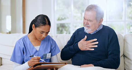 Image showing Caregiver, consulting and elderly man with chest pain, lunge cancer or sick from medical infection, virus or tuberculosis. Nurse consultation, healthcare checklist or client explain breathing problem