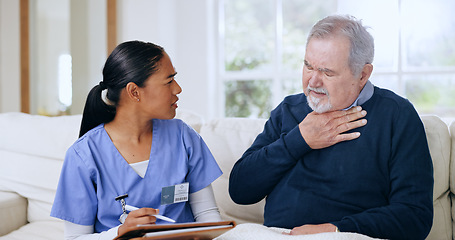 Image showing Nurse, support and elderly man with neck pain, throat cancer and sick from infection, virus or injury. Home consultation, breathing problem and caregiver test, exam and writing medical survey notes