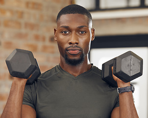Image showing Black man, gym weights and serious face portrait of a sports person or athlete ready for fitness. Training, workout and exercise motivation of a strong bodybuilder in a wellness studio for health