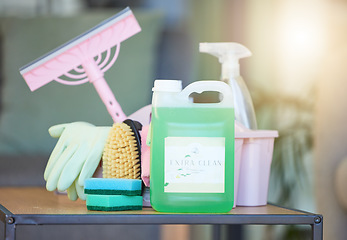 Image showing Home cleaning, hygiene and product equipment of liquid chemical disinfectant, spray bottle and sponge brush for housekeeping. Bacteria disinfection, lens flare and group of cleaning service supplies