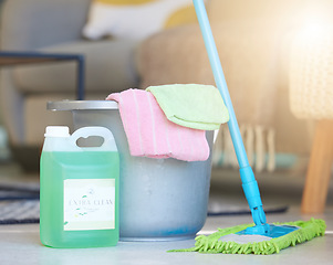 Image showing Cleaning, soap detergent product and bucket with mop for domestic work, household chores and sanitizing house to get rid of germs, bacteria and dirt. Clean living room, shiny floor and spotless house