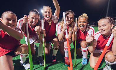 Image showing Hockey team, women winner or happy portrait for success, goal or celebration for match, game or competition at night on court. Smile group of girl athlete for training, workout for teamwork exercise