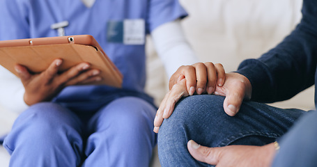 Image showing Nurse, patient or hands closeup for support or tablet for diagnosis news, consultation or test result. Medical worker, person or trust for online anxiety stress empathy, wellness or report exam hope