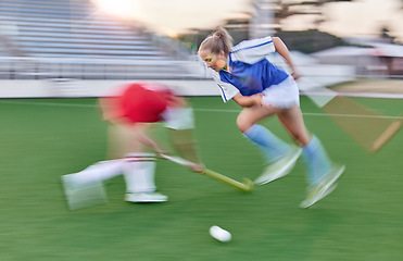 Image showing Hockey, women and sports speed on field for athlete team playing in competition tournament. Fitness, ground and workout of girl sport people playing outdoor stadium game with motion blur.