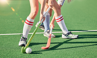 Image showing Hockey stick, hockey ball and turf competition, sports games and challenge on grass field, pitch and outdoor. Women team, field hockey players and contest, action and sport training on stadium arena