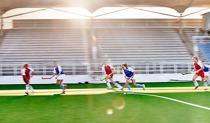 Image showing Teamwork, running and fitness of a women hockey team in a outdoor sport match training. Exercise, sports and workout of an athlete group run together with collaboration and energy outdoor for cardio