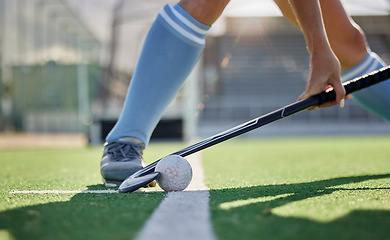 Image showing Hockey, sports and ball with a stick in the hands of a woman athlete on a pitch during a competitive game. Fitness, exercise and sport with a female hockey player playing a match on a grass court