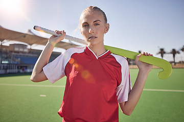 Image showing Hockey, woman and sports athlete portrait on field for training or competition match outdoors. Healthy sport person, exercise motivation lifestyle and fitness coach or hockey player on stadium ground