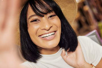 Image showing Black woman shopping, selfie and happy face at a store feeling young and relax with a smile in the sun. Portrait of a person in New York with retail happiness and content lifestyle on a summer day