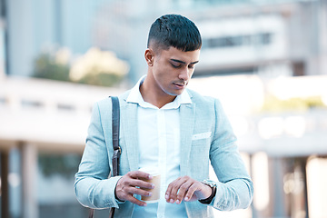 Image showing Watch, time and business man walking in city street running late for work, job opportunity or interview career with suit and coffee. Corporate employee outdoor with clock, schedule or time management