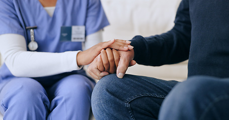 Image showing Nurse, patient and holding hands closeup for results news, consultation or test diagnosis support. Medical worker, person and fingers touch for anxiety stress empathy, wellness or report exam hope