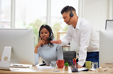 Image showing Telemarketing, customer service and call center manager, help and advice to employee with computer in office. Contact us, consulting and customer support worker with leader, support and crm help desk